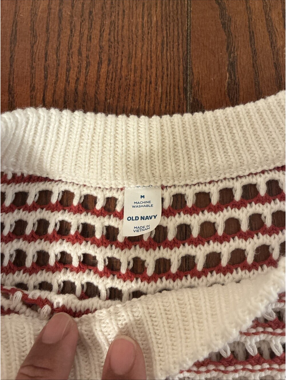 Old Navy Open Stitch Sweater Women’s M Red/White Striped Knit Long Sleeve